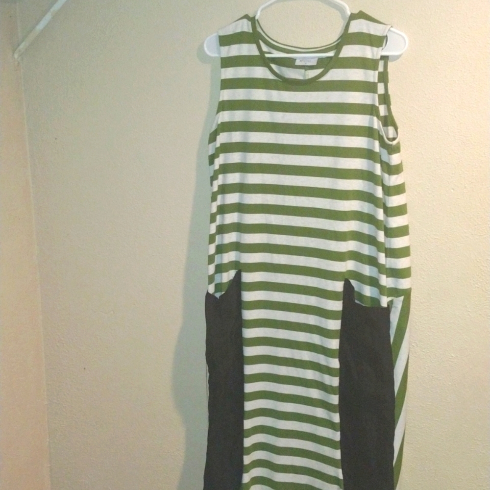 Green and Gray Striped Maxi Dress with Dramatic Black Pockets Lagenlook M